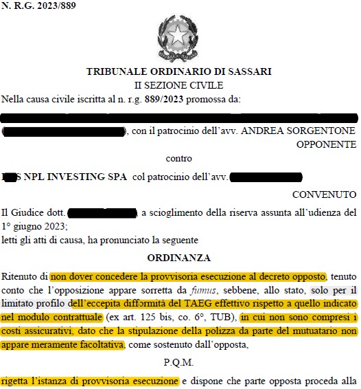 OPPOSIZIONE A DECRETO INGIUNTIVO – PRESTITO PERSONALE – TR. DI SASSARI – Valore sospeso € 59.157,74 promosso da I*** S.p.a –