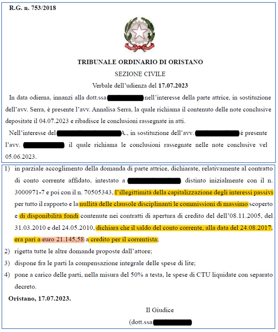 FIDO BANCARIO – TR. DI ORISTANO € 62.075,78 è il vantaggio complessivo ottenuto dal correntista contro B**** D* S******* SPA.