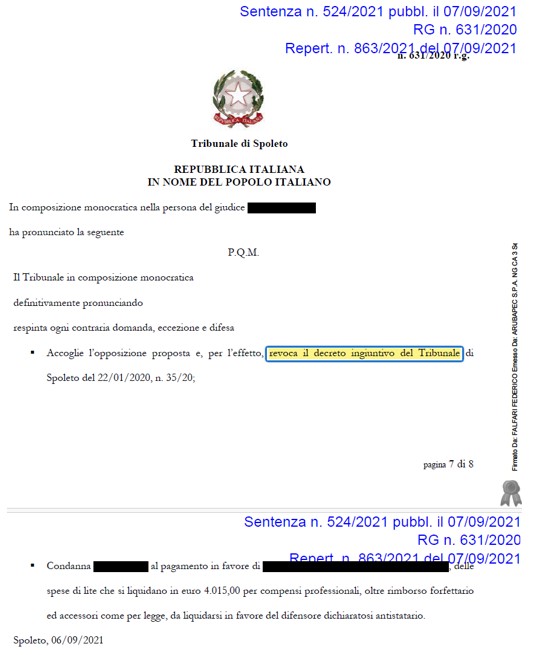 OPPOSIZIONE A DECRETO INGIUNTIVO – MUTUO IPOTECARIO- TR. DI SPOLETO– Sospensione di un Debito di € 210.200,02 con  B**** P******* D* S****** SpA