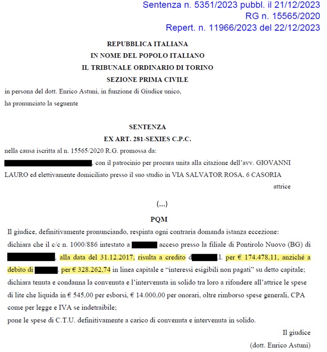 FIDO BANCARIO – TR. DI TORINO – Rimborso di € 502.740,85 su Conto corrente affidato concesso da I****a S**p***o SPA