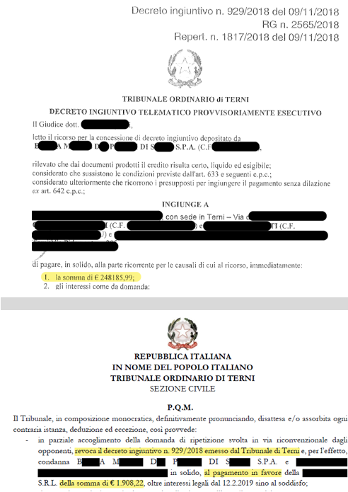 OPPOSIZIONE A DECRETO INGIUNTIVO – CONTO CORRENTE- TR. DI TERNI – Debito annullato di  €  248.158,99 con  M**** D** P***** D* S**** SpA