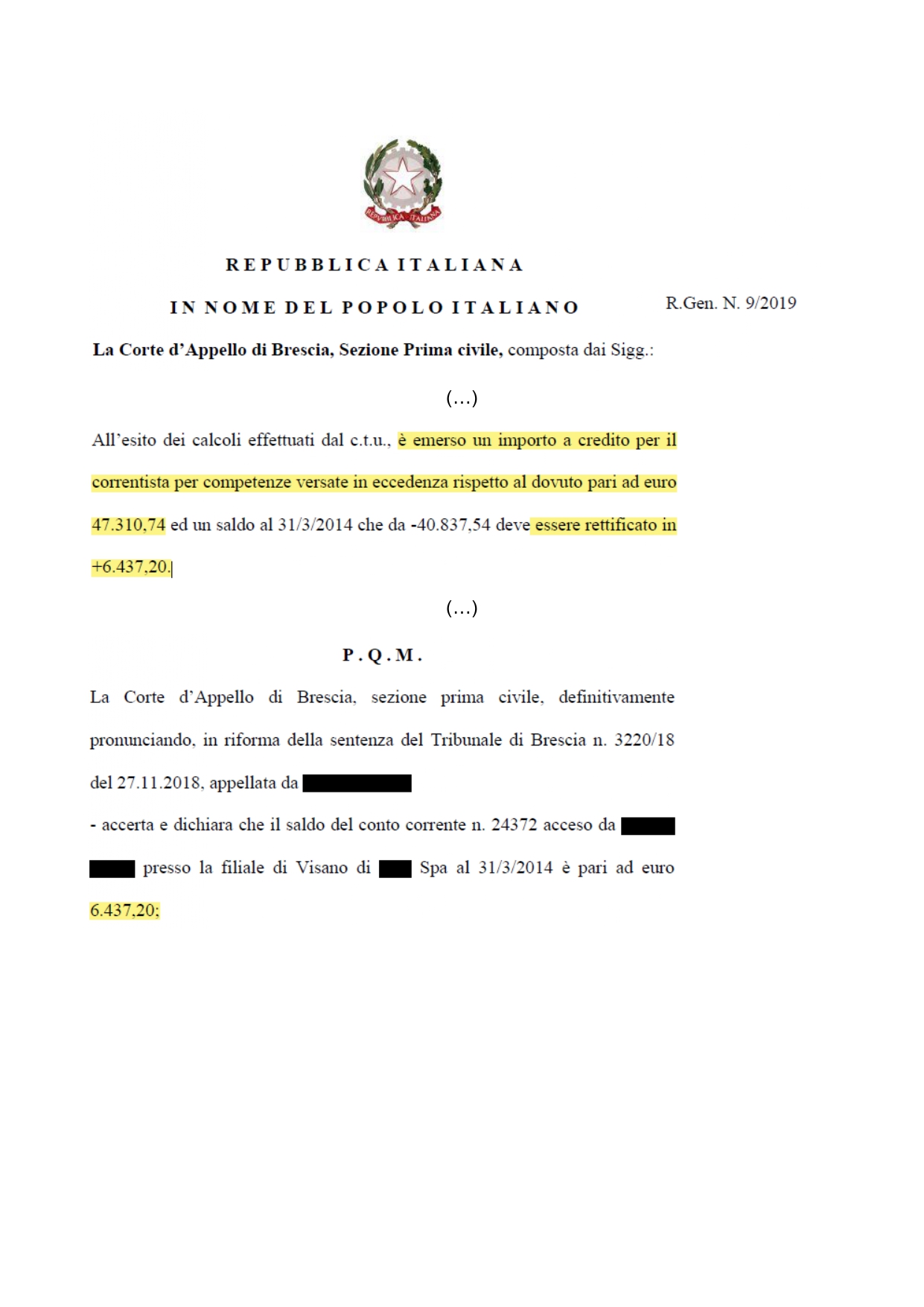 FIDO BANCARIO – C.APPELLO DI BRESCIA – Rimborso di € 137.955,08 su Conto corrente affidato concesso da U** Banca SPA