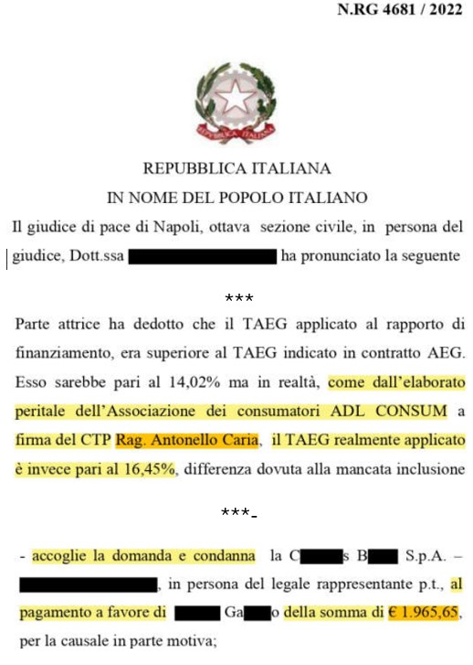 PRESTITO PERSONALE – TR. DI NAPOLI  – TAEG ERRATO – Rimborso di € 1.965,65 su rapporto intrattenuto con la C*****S SPA