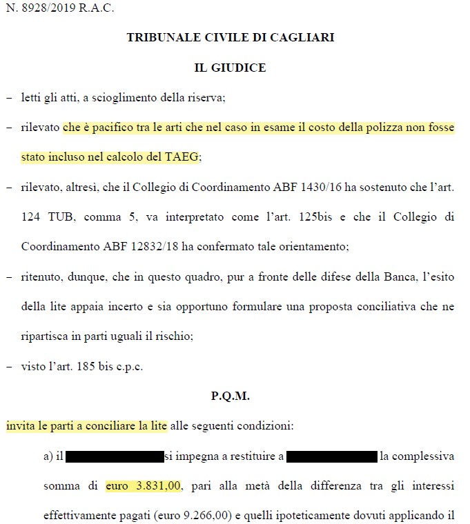 PRESTITO PERSONALE – TR. DI CAGLIARI  – TAEG ERRATO – Proposta transattiva del giudice di € 3.831,00 su rapporto intrattenuto con la B***O D* S******A SPA